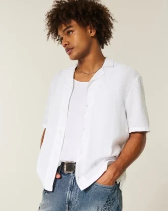 Camisa de manga corta con textura, mezcla de lino y corte cuadrado
