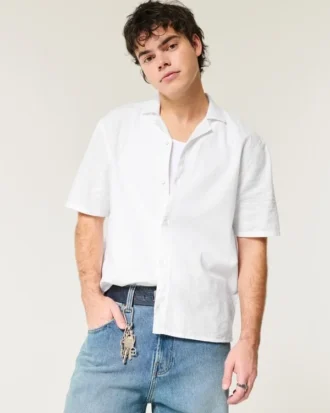 Camisa de manga corta y corte recto de mezcla de lino