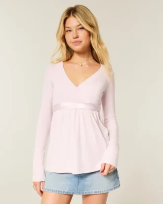 Camiseta babydoll de manga larga con cruzado delantero