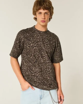 Camiseta de algodón gruesa con estampado de leopardo y corte cuadrado