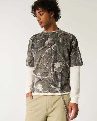 Camiseta de cuello redondo, corte cuadrado, gruesa y corta, con estampado de camuflaje
