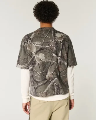 Camiseta de cuello redondo, corte cuadrado, gruesa y corta, con estampado de camuflaje