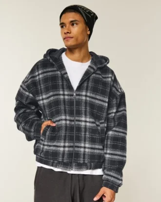 Chaqueta skater con capucha de franela a cuadros