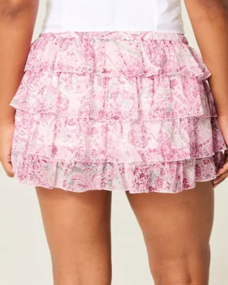 Falda pantalón mini de gasa con volantes