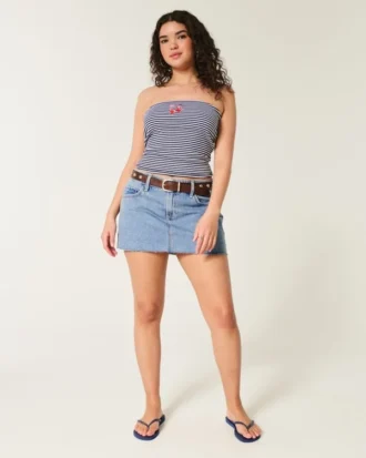 Minifalda pantalón vaquera de talle bajo y lavado medio