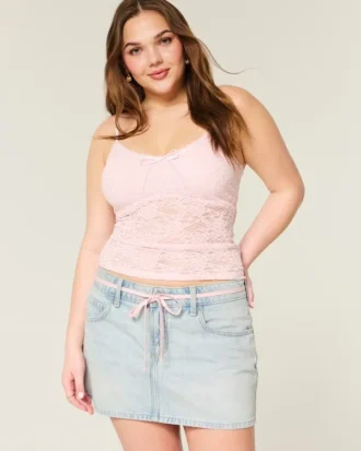 Minifalda pantalón vaquera lavada clara con cordones