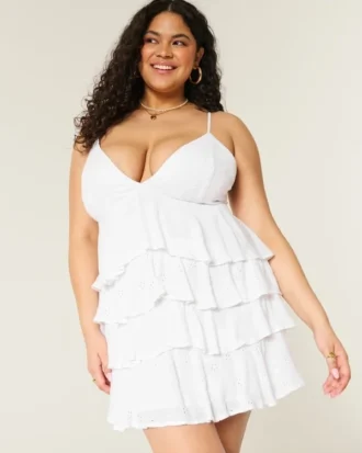 Minivestido babydoll con cuello en V y volantes