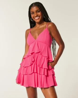 Minivestido babydoll con cuello en V y volantes