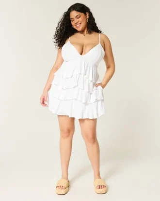 Minivestido babydoll con cuello en V y volantes