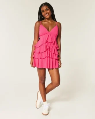 Minivestido babydoll con cuello en V y volantes