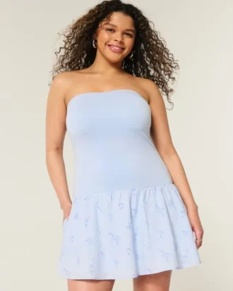 Minivestido sin tirantes de punto con cintura baja
