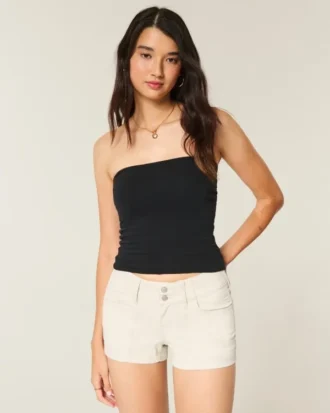 Pantalones cortos de popelín con bolsillo trasero floral y talle bajo
