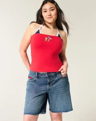 Pantalones cortos holgados de lavado oscuro con estampado de bandera estadounidense