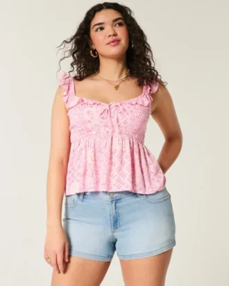 Pantalones cortos vaqueros con bordado floral, lavado claro y talle bajo para curvas