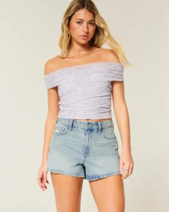 Pantalones cortos vaqueros de talle alto, lavado claro y corte en A