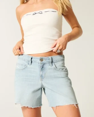Pantalones cortos vaqueros holgados de lavado claro y talle bajo 5″