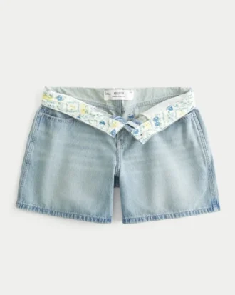 Pantalones cortos vaqueros holgados de talle bajo y lavado claro con cintura doblada 5″
