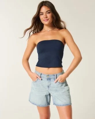 Pantalones cortos vaqueros holgados de talle bajo y lavado claro con cintura doblada 5″