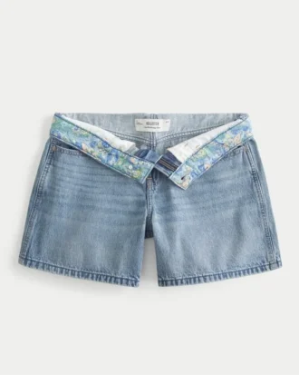 Pantalones cortos vaqueros holgados de talle bajo y lavado medio con cintura cruzada 5″