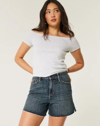 Pantalones cortos vaqueros relajados de talle alto y lavado oscuro con curvas 5″