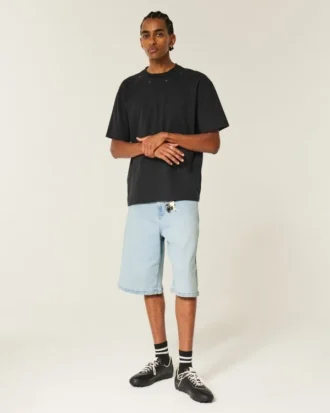 Pantalones cortos vaqueros superanchos con adornos y lavado claro