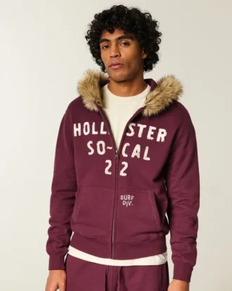 Sudadera con capucha, cremallera y logotipo gráfico con ribete de piel sintética