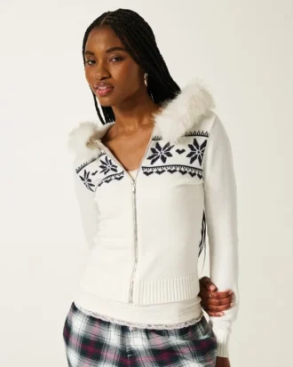 Sudadera con capucha, ribete de pelo sintético y cremallera Fair Isle