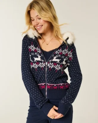 Sudadera con capucha, ribete de pelo sintético y cremallera Fair Isle