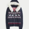 Sudadera con capucha, ribete de pelo sintético y cremallera Fair Isle