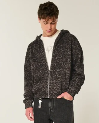 Sudadera con capucha y cremallera, corte cuadrado, estampado de leopardo