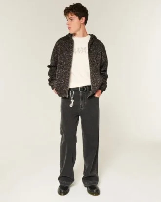 Sudadera con capucha y cremallera, corte cuadrado, estampado de leopardo