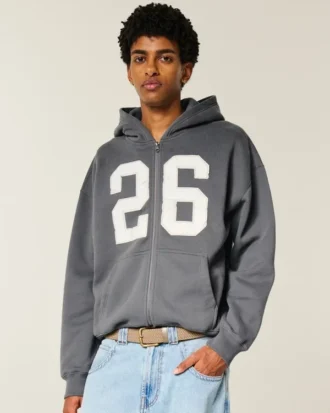 Sudadera con capucha y cremallera cuadrada con gráfico numérico