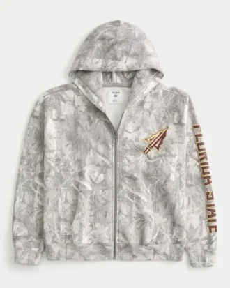 Sudadera con capucha y estampado de camuflaje de la Universidad Estatal de Florida con cremallera y corte cuadrado