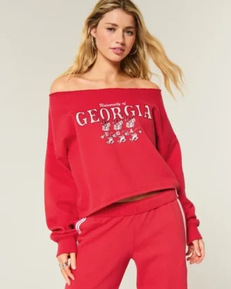 Sudadera gráfica con doble hombro descubierto de la Universidad de Georgia