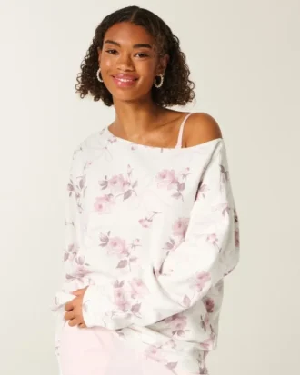 Sudadera oversize con estampado floral y lazo, con hombros descubiertos