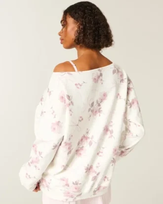 Sudadera oversize con estampado floral y lazo, con hombros descubiertos