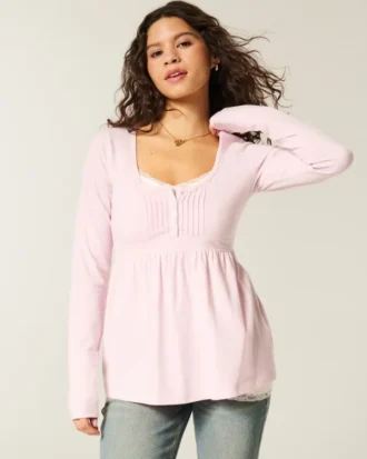 Top babydoll de manga larga con cuello Henley
