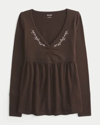 Top babydoll de manga larga con pinzas en el pecho