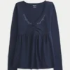 Top babydoll de manga larga con pinzas en el pecho