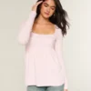 Top babydoll de manga larga con ribete de encaje fácil