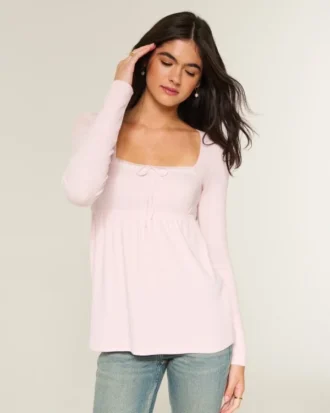 Top babydoll de manga larga con ribete de encaje fácil