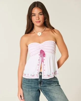 Top babydoll sin tirantes con bordado