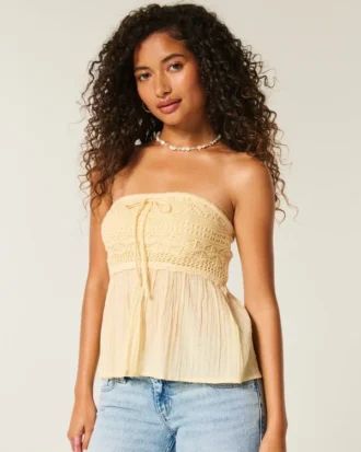 Top babydoll sin tirantes de croché mixto