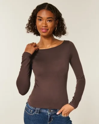 Top de manga larga sin costuras con cuello en V