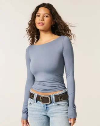 Top de manga larga sin costuras con cuello en V