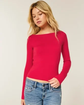 Top de manga larga sin costuras con cuello en V