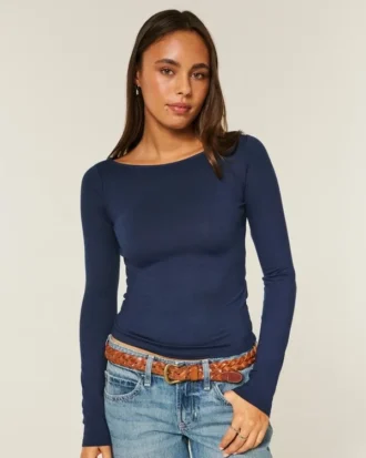 Top de manga larga sin costuras con cuello en V