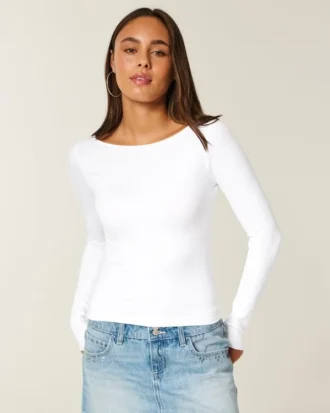 Top de manga larga sin costuras con cuello en V