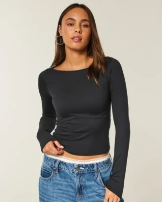 Top de manga larga sin costuras con cuello en V