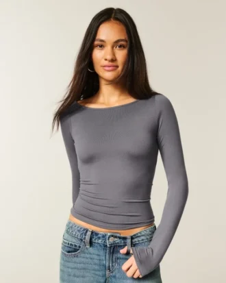 Top de manga larga sin costuras con cuello en V